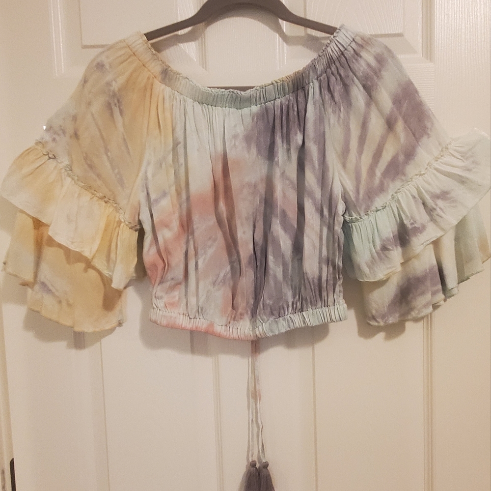 Surf Gypsy Cropped Off Shoulder Top, Ruffled Sleeves, Pastel Tie Dye, Small, NWT